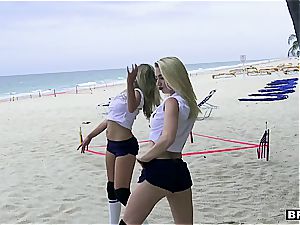 3 nubile sweethearts catch a ample cumbot on the beach